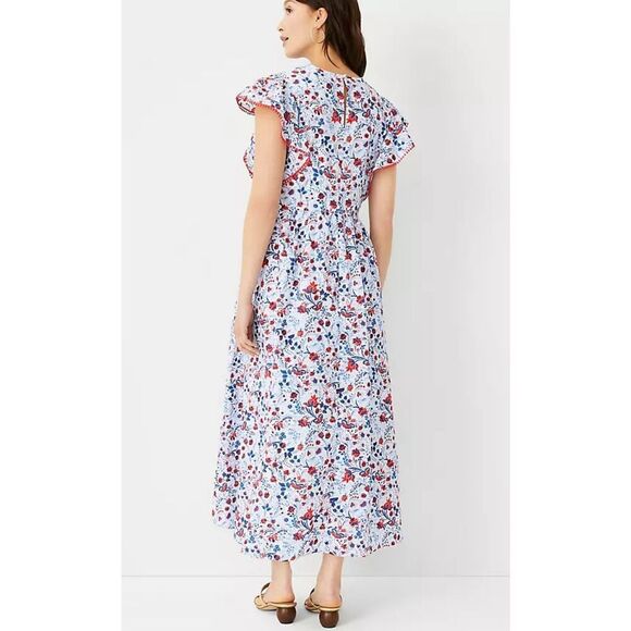 Ann Taylor red and blue floral ruffle trim maxi dress size small - Picture 2 of 12